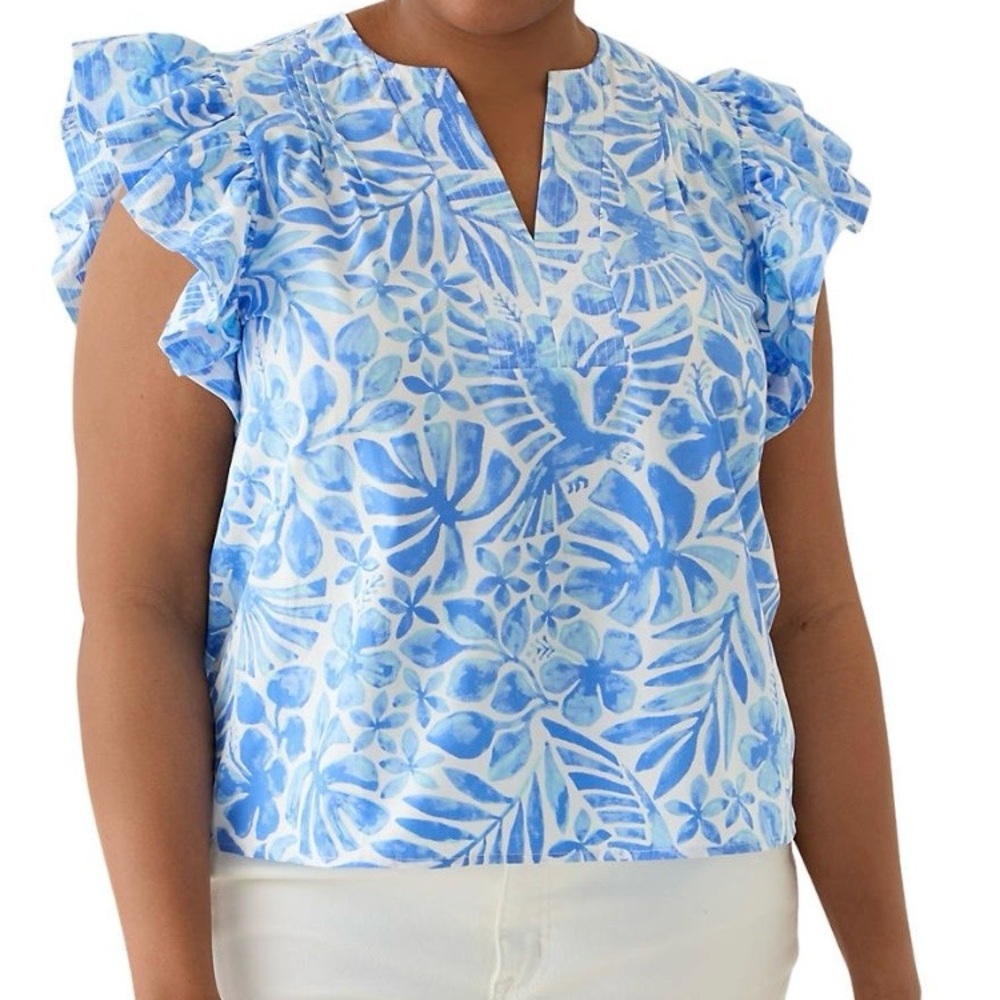 Crown & Ivy Light Blue Floral Ruffle Sleeve Women's Top. Sz XL